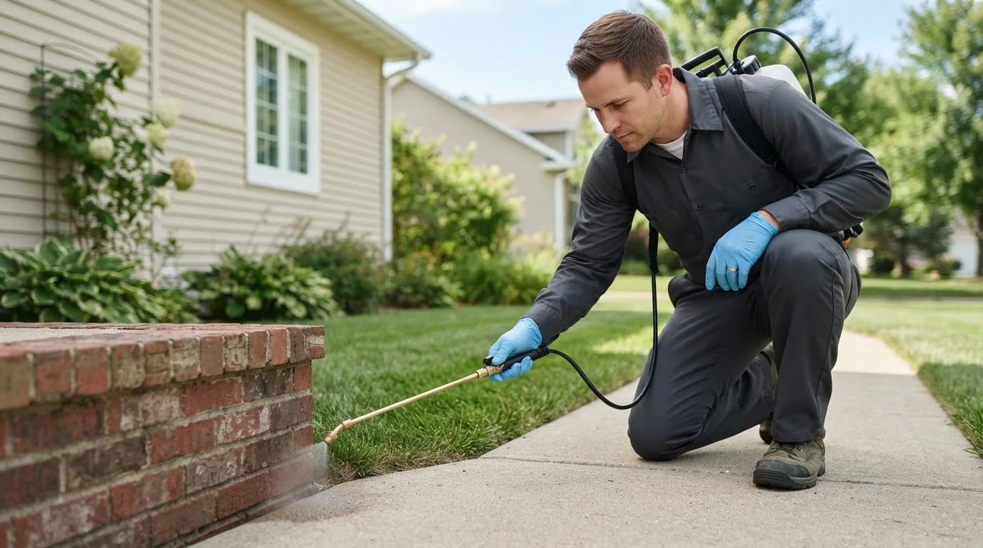 Pest control technician treating a home near Traver, CA